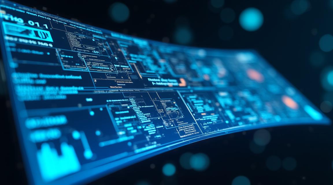 Visualizzazione di una dashboard AI futuristica con grafici 3D e flussi di dati